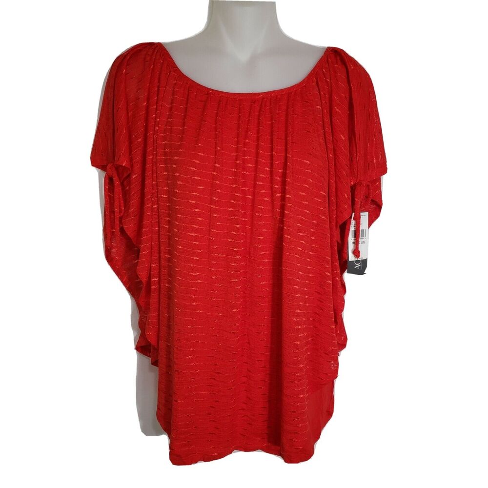 AGB Women Poncho Medium Built In Tank Blouse Solid Red Poppy Cold Shoulder Ties